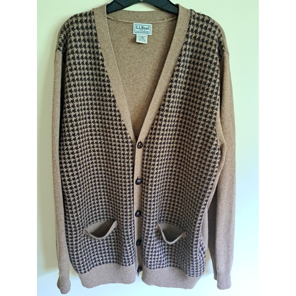 L.L.Bean Men's 100% Lambswool Knit Tan Button-Up Cardigan Pockets Large VTG